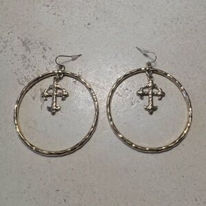 Gold Tone Hammered Hoop Earrings with Cross Charm